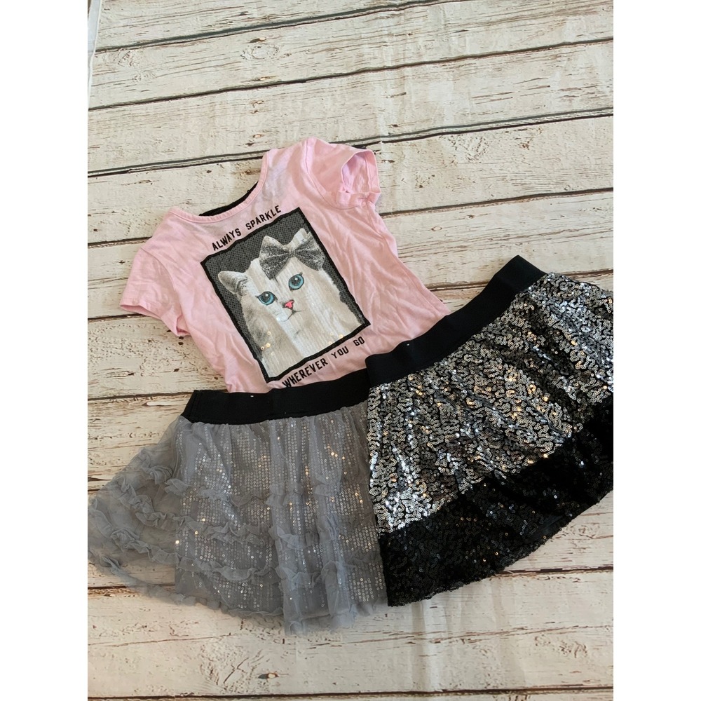 Justice Girls Pink Cat Sparkle Tee and‎ Sequin Skirt Set Size 8 3pc Lot